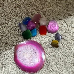 Polished Agate Slice and Colorful Tumbled Gemstone Set - Pink Accent
